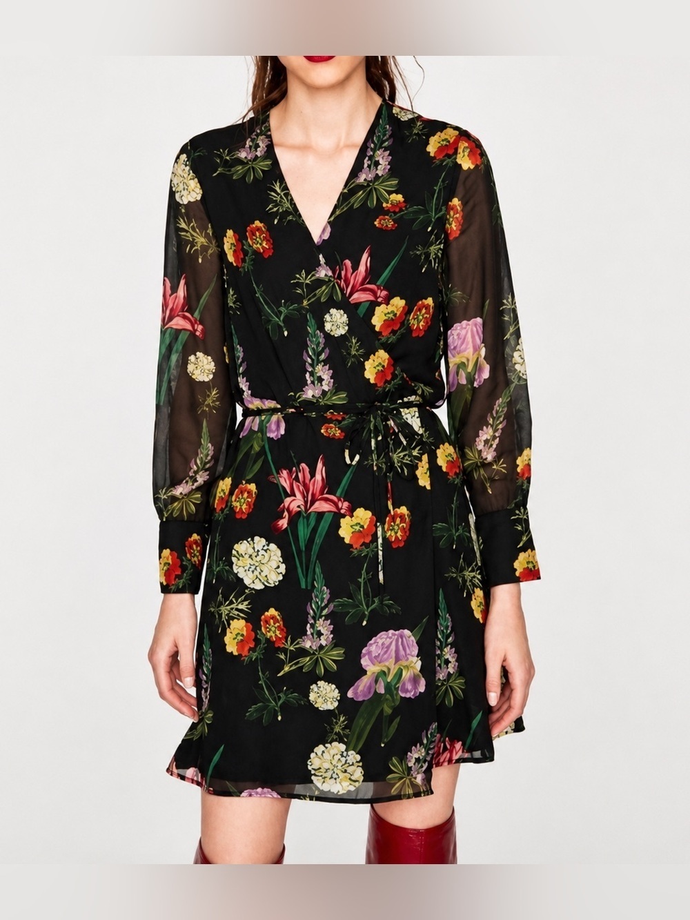 Zara black floral mini wrap dress, small
